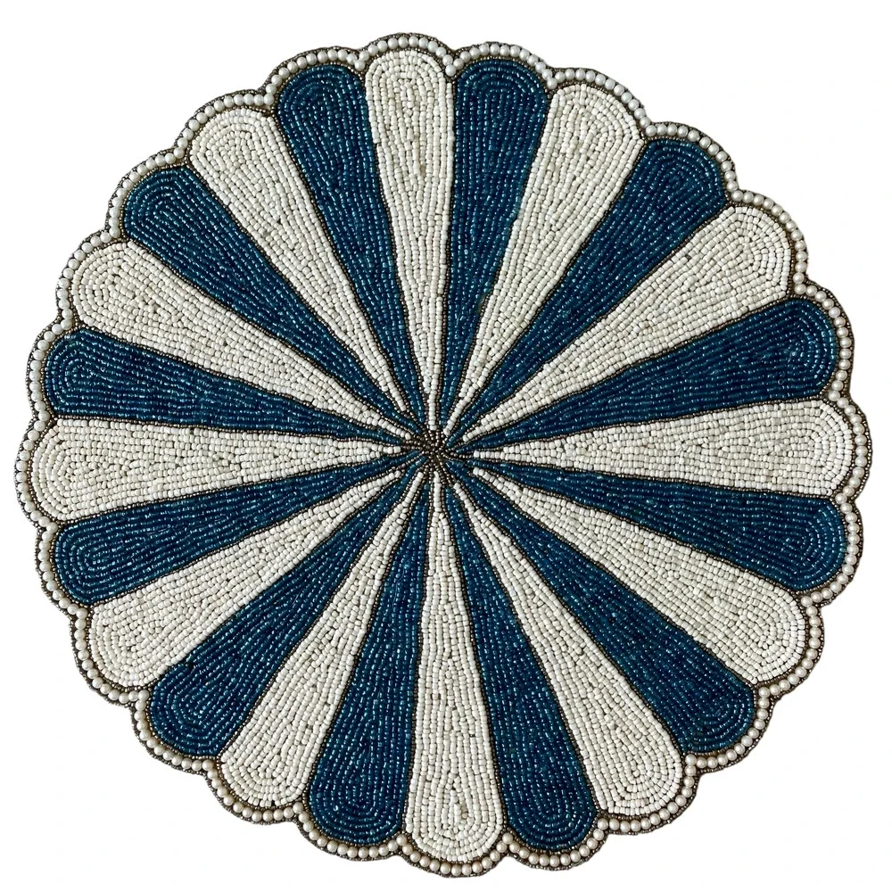 Tiramisu Hand Glass Beaded Placemat Charger Round Scalloped Edge Blue Cream NEW